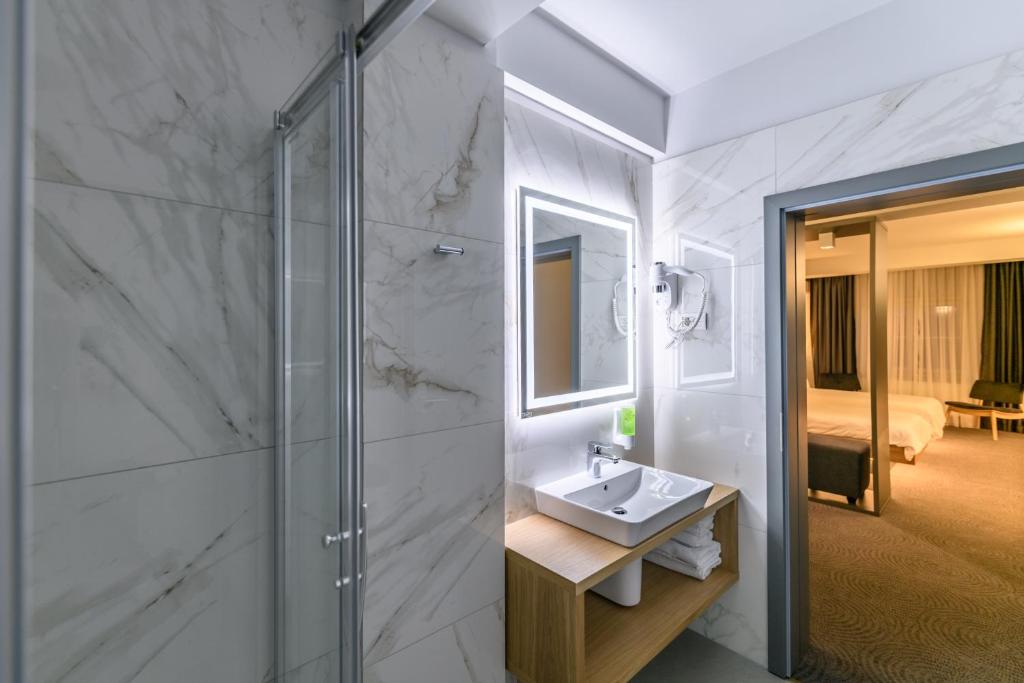 uma casa de banho com um lavatório e uma cabina de duche em vidro. em Hotel Silva em Timişoara