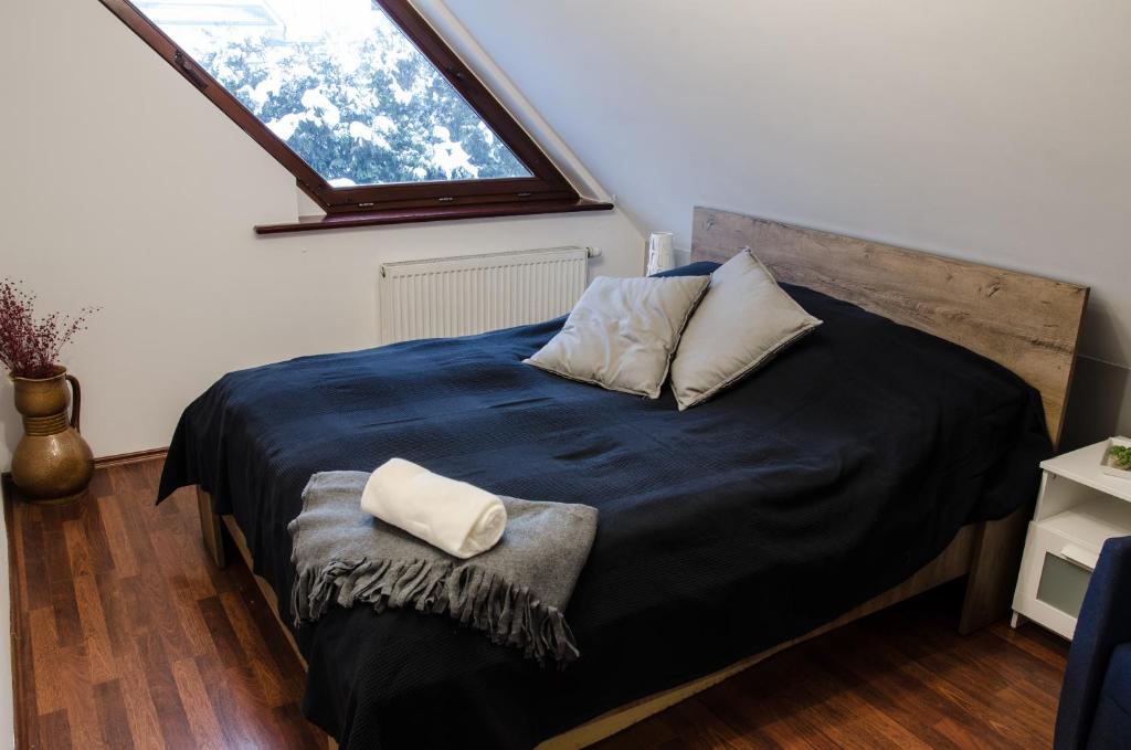 a bedroom with a large bed with a window at Apartamenty Rohatka in Zakopane