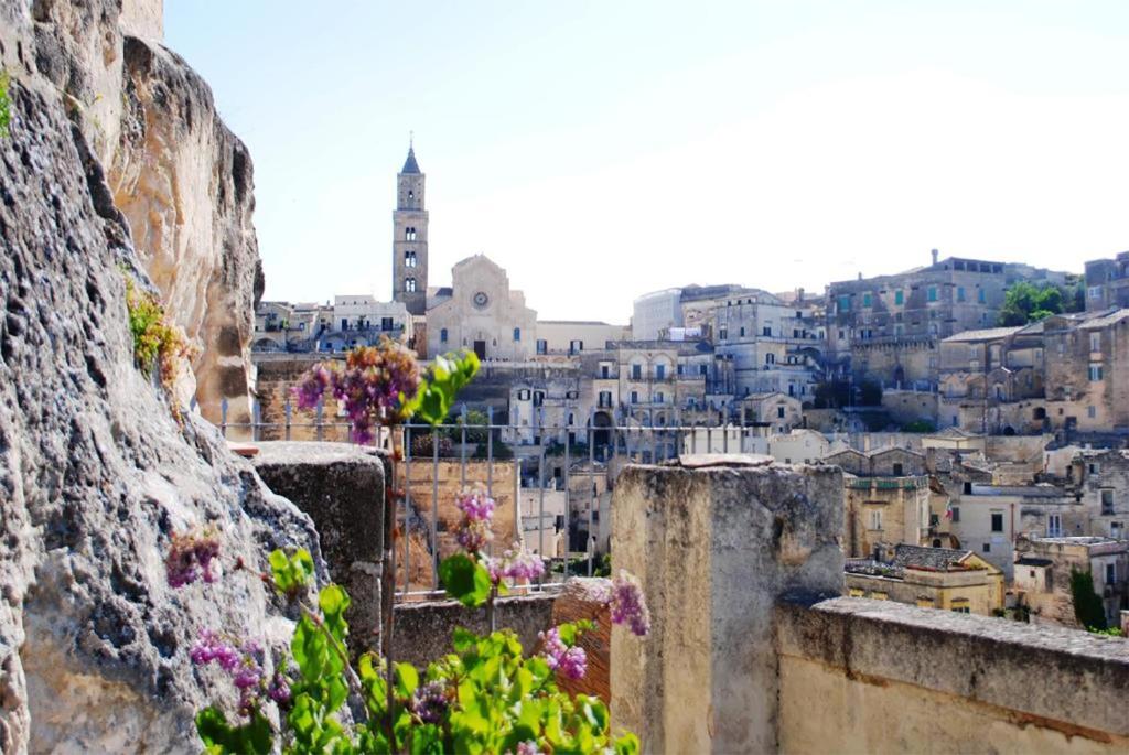 uma vista para uma cidade a partir de uma colina com flores em L' Abbraccio dei Sassi em Matera