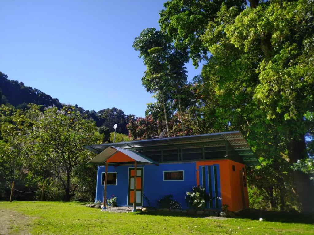 a blue and orange tiny house in a field at Hospedaje Casa Monge in San Gerardo de Dota