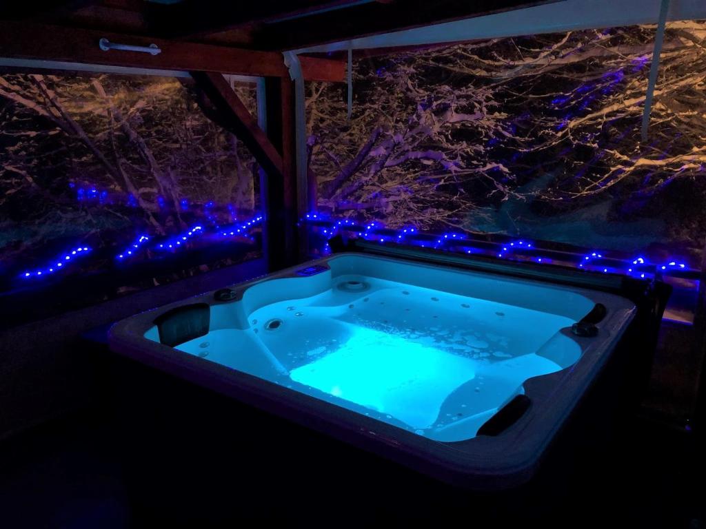 a jacuzzi tub in the dark with blue lights at Holiday Home Coprnička Hiša in Skrad