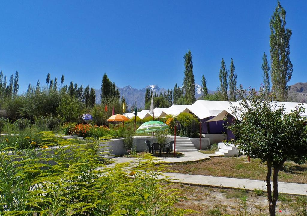 un jardín con mesa, sillas y árboles en Tiger Camp Nubra en Nubra