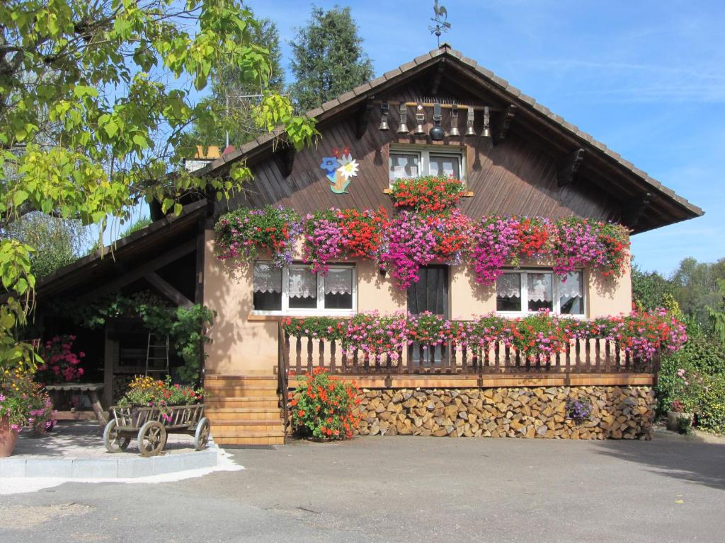 une maison avec beaucoup de fleurs devant elle dans l'établissement Gite de Grandvillars, à Grandvillars