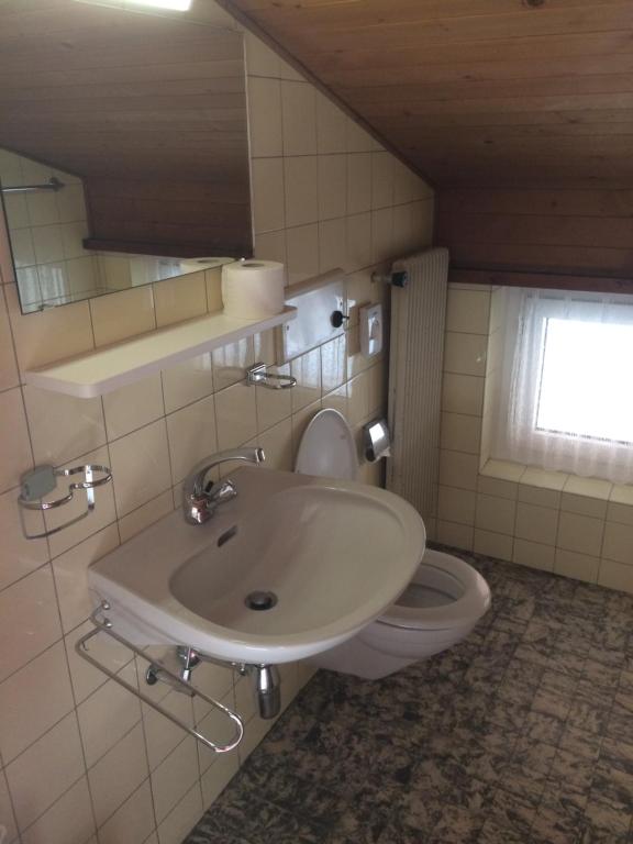 a bathroom with a sink and a toilet at B&B Haus Granit Saas Grund in Saas-Grund