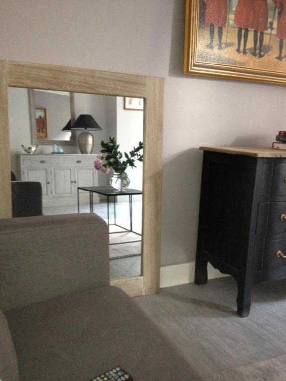 ein Wohnzimmer mit einem Sofa und einem Spiegel in der Unterkunft Appartement Cherche-Midi in Paris