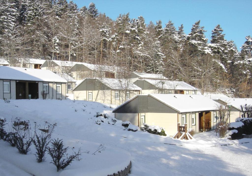 un groupe de maisons recouvertes de neige dans l'établissement Azureva Murol, à Murol