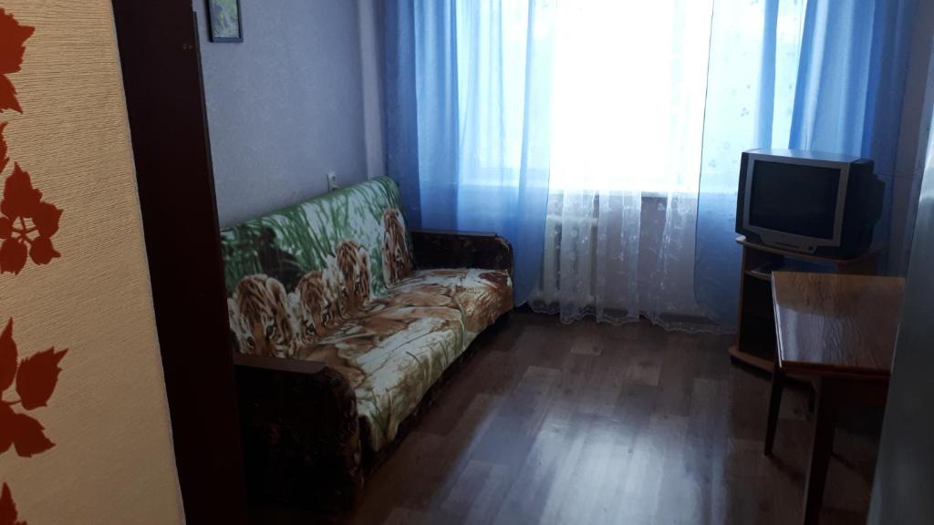 ケメロヴォにある128 проспект Ленина Комната гостиничного типаのリビングルーム(ソファ、テレビ付)