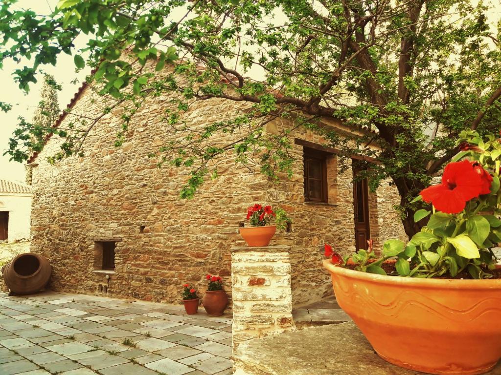 um edifício de pedra com um vaso de flores em frente em Paradosiako Saratsi - Traditional Guest House em Volos