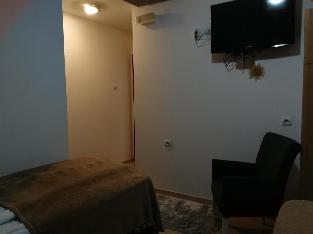 um quarto com uma cama, uma cadeira e uma televisão em Rooms Sanja em Kolašin