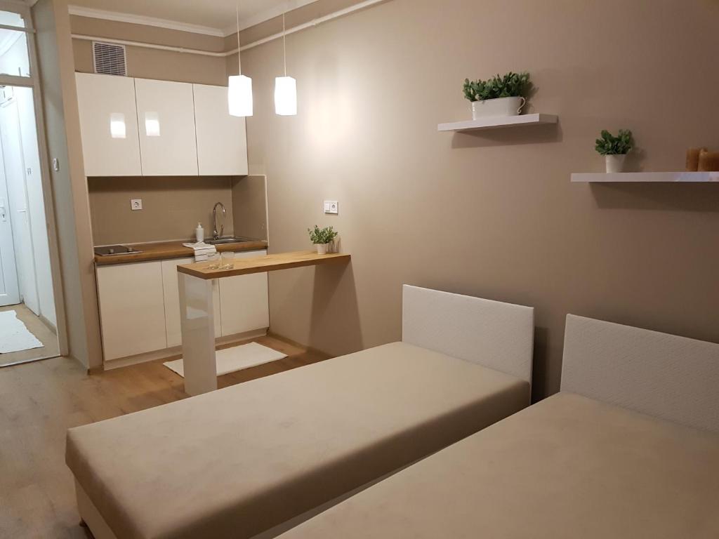 a living room with a couch and a kitchen at Lia Apartman in Nyíregyháza