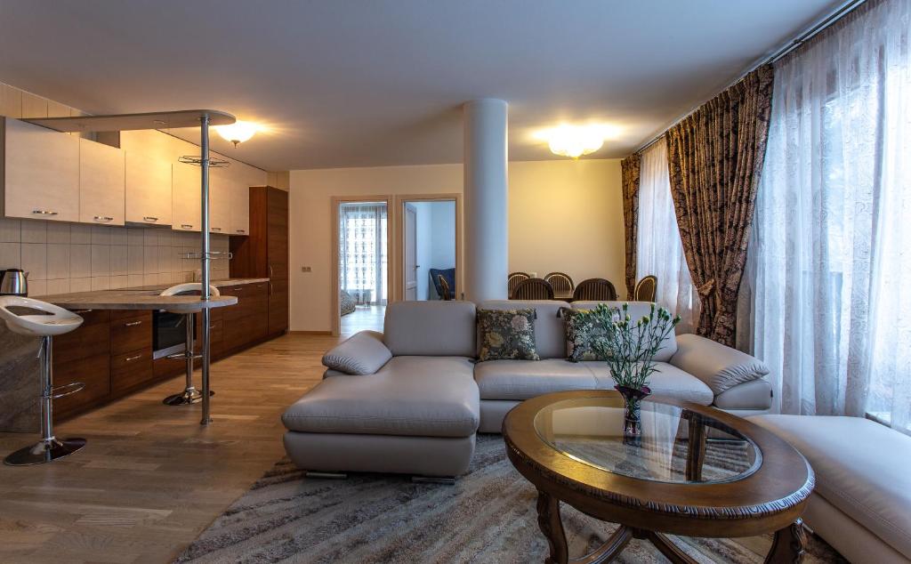 a living room with a couch and a table at Violetos Lux Apartamentai in Druskininkai