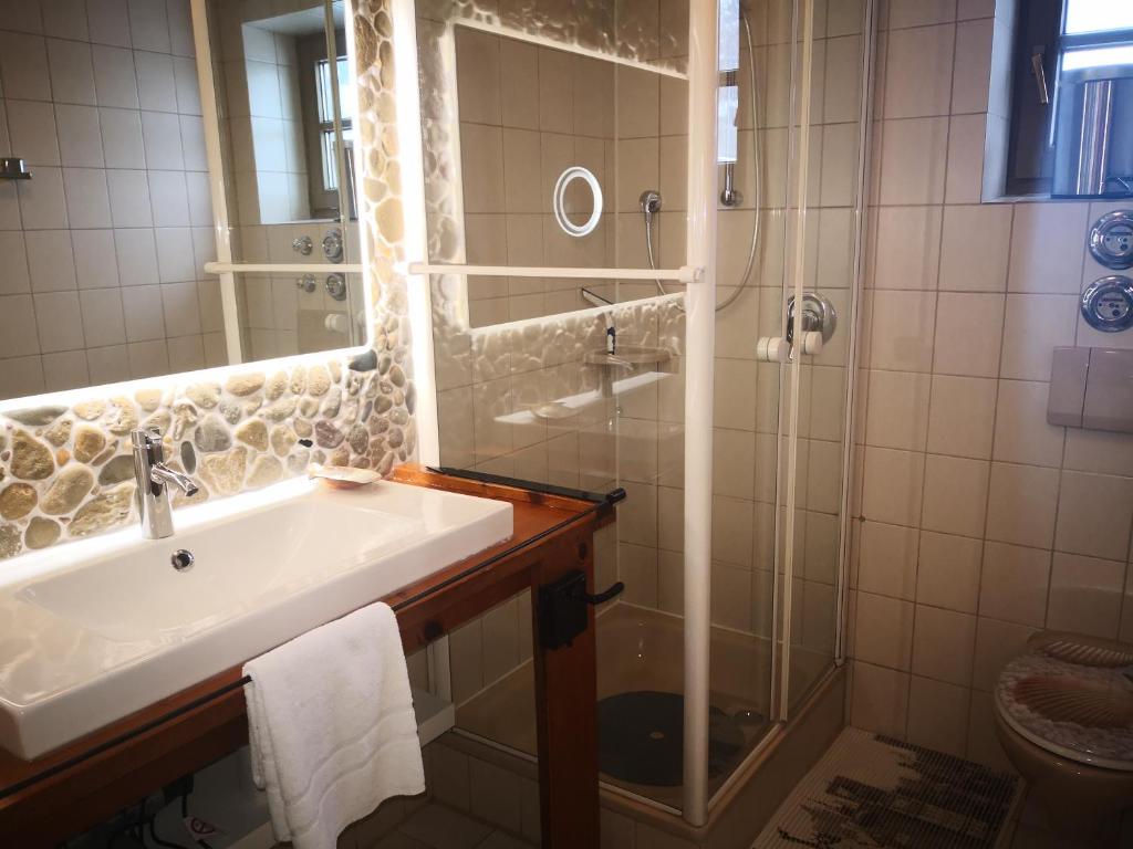 a bathroom with a sink and a shower at Jungholz Erlebnis in Jungholz