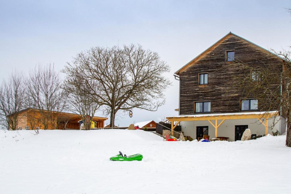 ein grünes Snowboard im Schnee vor einem Haus in der Unterkunft Gästehaus "In da Wiesn" in Ulrichsberg