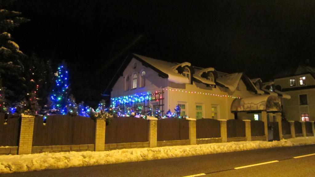ヤブロネツ・ナト・イゼロウにあるApartmány MELMENのクリスマスライトと柵で飾られた家