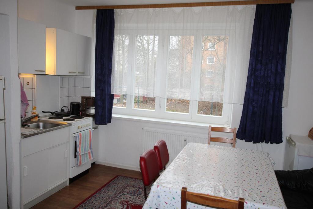 een keuken met een tafel, een wastafel en een raam bij Apartment in Rübelzahlplatz in Hannover