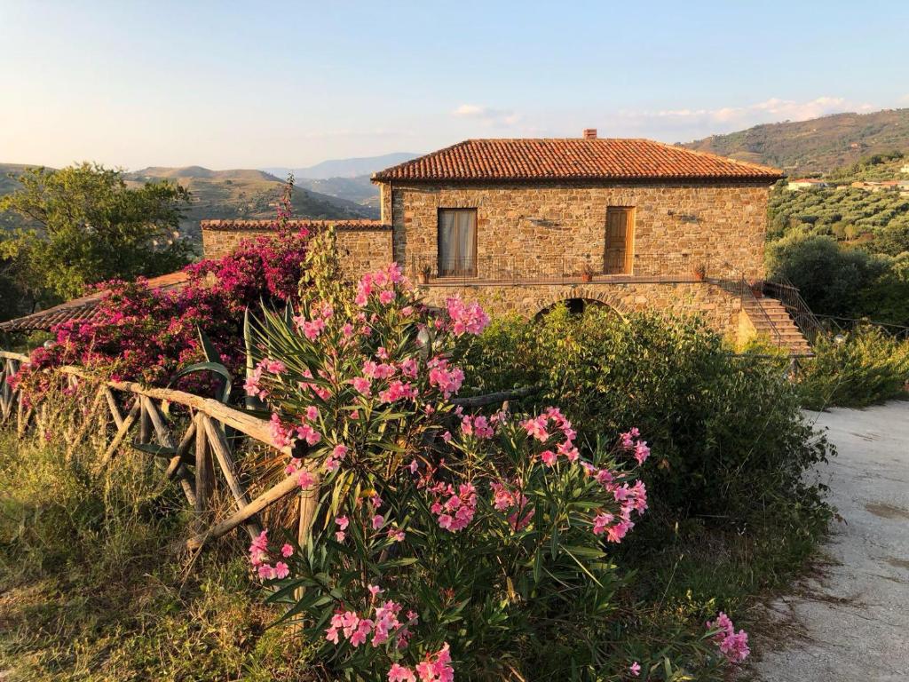 una casa de piedra con flores rosas delante de ella en Casa vacanze Il Mandorlo, en Perdifumo