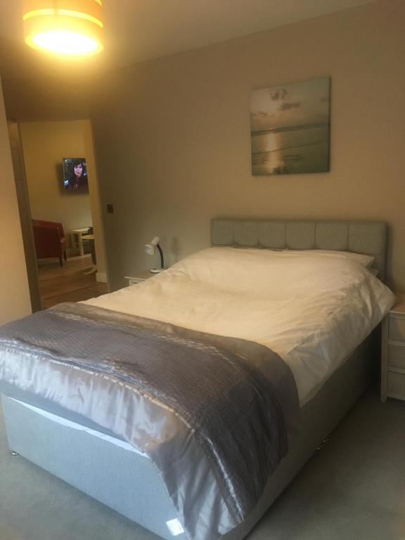 a bedroom with a large bed in a room at Victorian Church Flat 3 in Oswestry