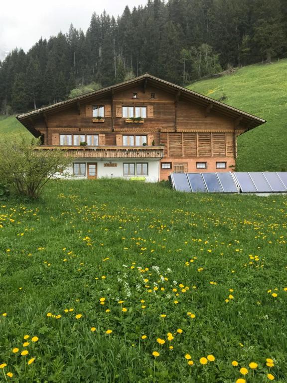une maison avec des panneaux solaires dans un champ de fleurs dans l'établissement Abelied, à Adelboden