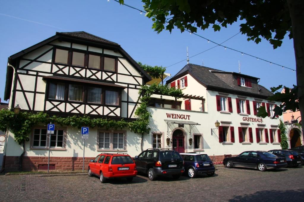 un bâtiment avec des voitures garées devant lui dans l'établissement Gästehaus Hebinger am Schlosspark, à Deidesheim