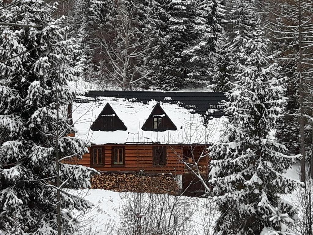 a log cabin with snow on the roof at Bacówka w sercu gór - dom z bali w Gorcach in Łopuszna