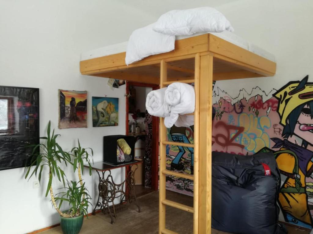 Łóżko piętrowe w pokoju ze ścianą w obiekcie Apartmán Alice w mieście Jablonec nad Jizerou