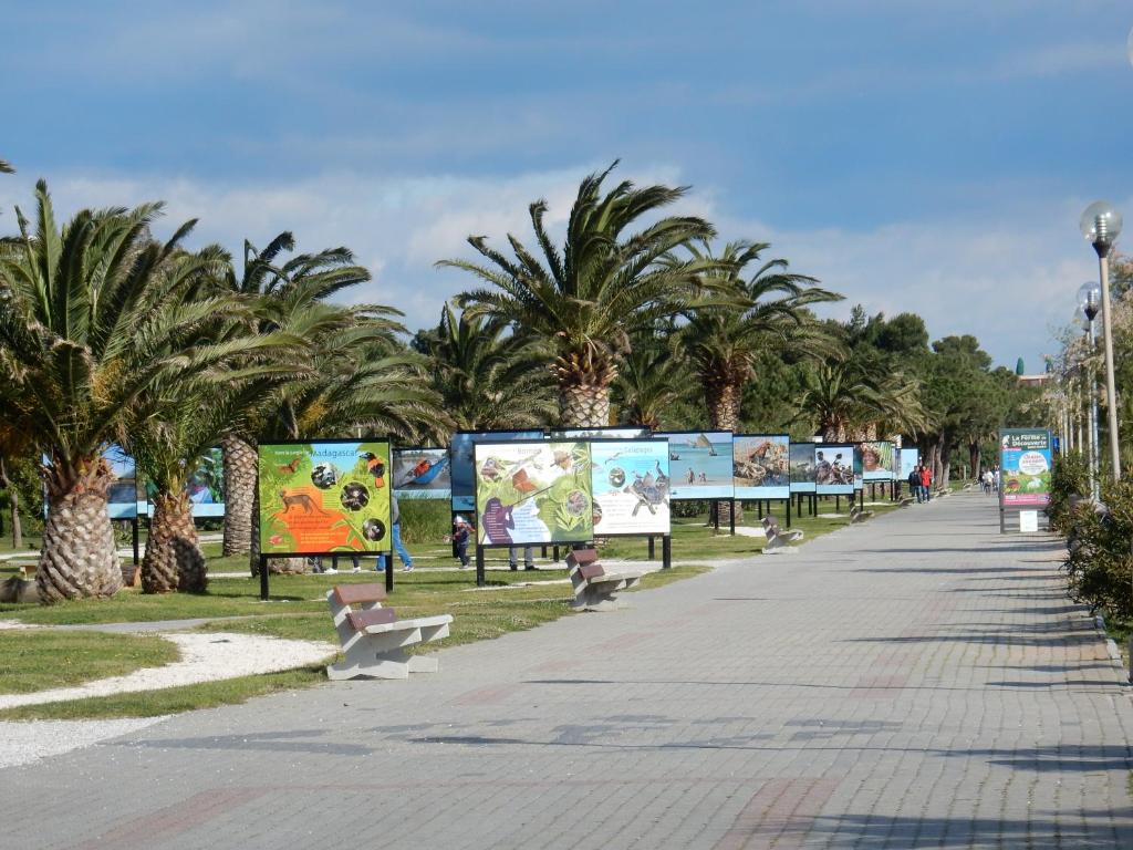 a park with palm trees and benches and billboards at Hotel Bleu Azur in Argelès-sur-Mer