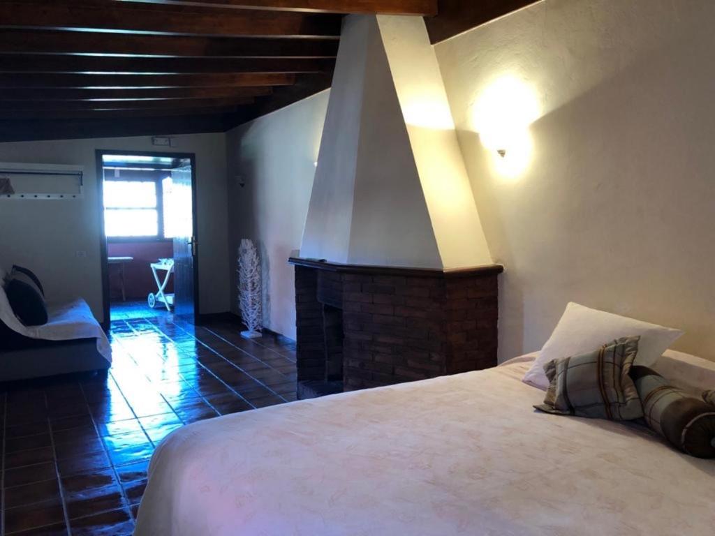 a bedroom with a large bed and a fireplace at Casa Rural Ceiba in El Rosario