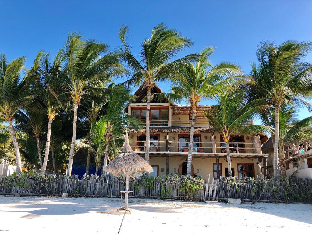 - un bâtiment sur la plage avec des palmiers dans l'établissement CASA CAT BA Beachfront Boutique Hotel, à Holbox