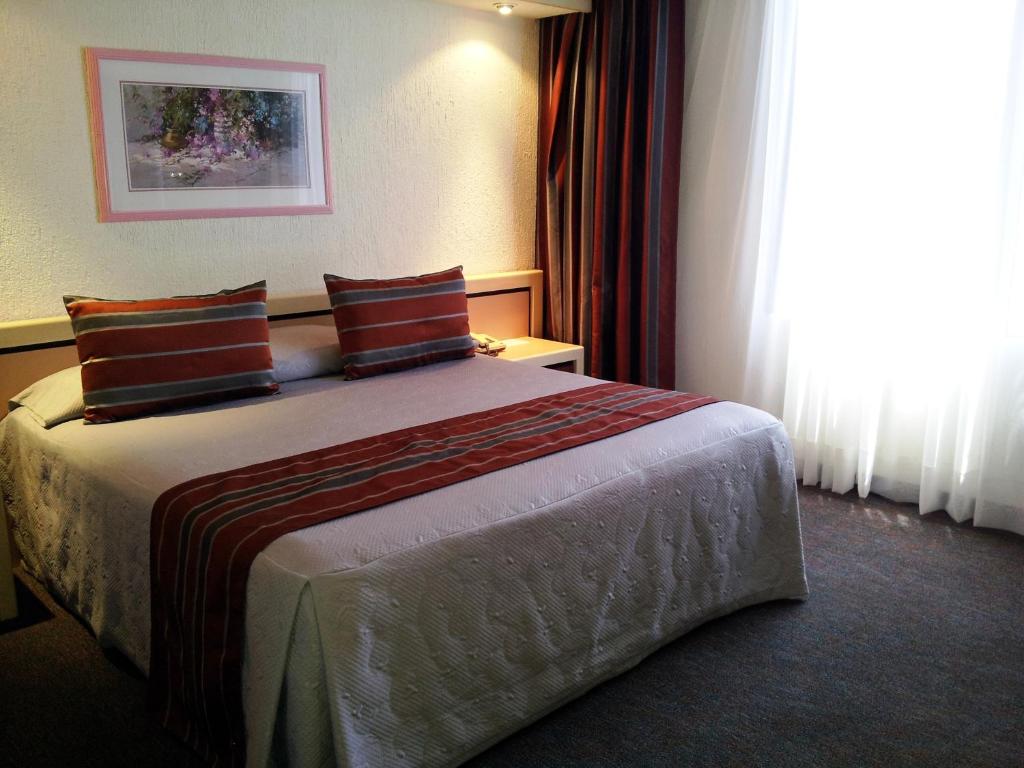 um quarto de hotel com uma cama grande e uma janela em Hotel Fleming em Cidade do México