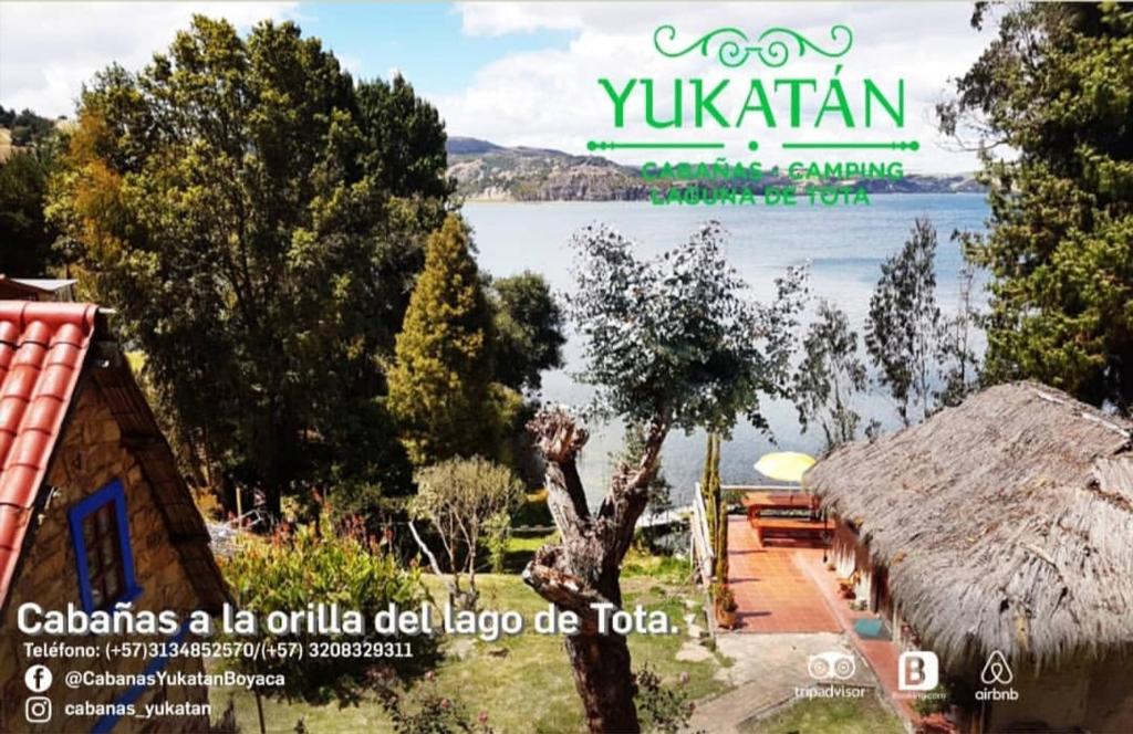 a poster for a resort with a view of a lake at Cabañas Yukatan Lago de Tota in Tota
