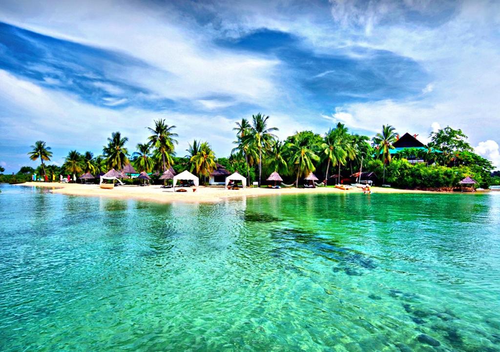 eine Insel mit Palmen und ein Strand mit türkisfarbenem Wasser in der Unterkunft Badian Island Wellness Resort in Badian