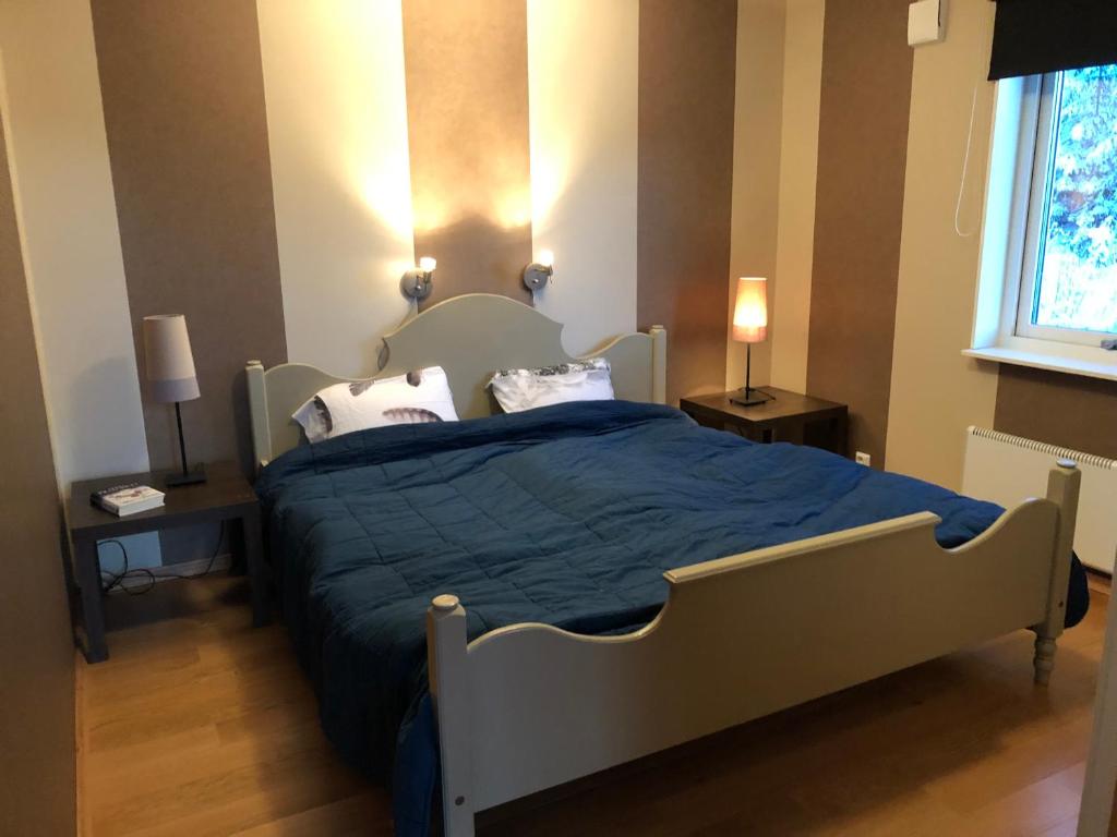 a bedroom with a bed with a blue comforter and pillows at Persbyheden 14 in Sysslebäck