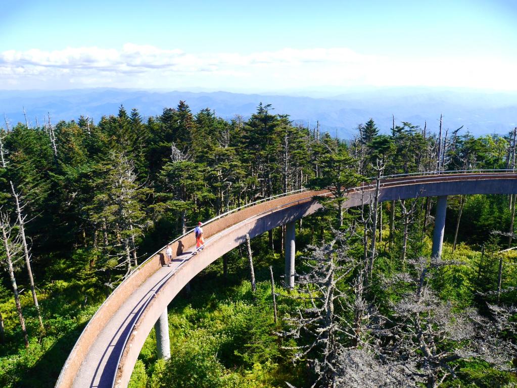 two people standing on a bridge in the forest at Americana Inn a Travelodge by Wyndham in Pigeon Forge