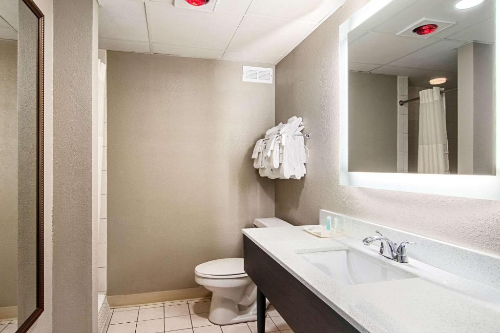 a bathroom with a sink and a toilet and a mirror at Clarion Inn Willow River in Sevierville
