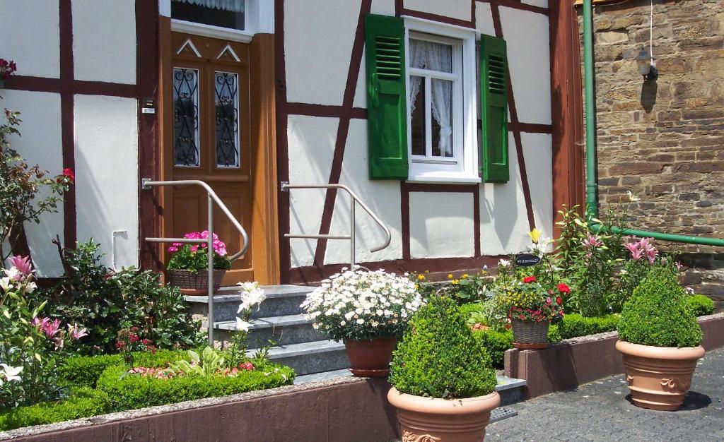 une maison avec des plantes en pot devant une fenêtre dans l'établissement Mia Casa, à Morsbach