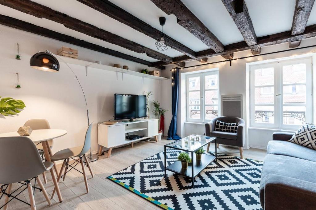 a living room with a couch and a tv and a table at Central & Cosy Apartment Strasbourg City Center in Strasbourg
