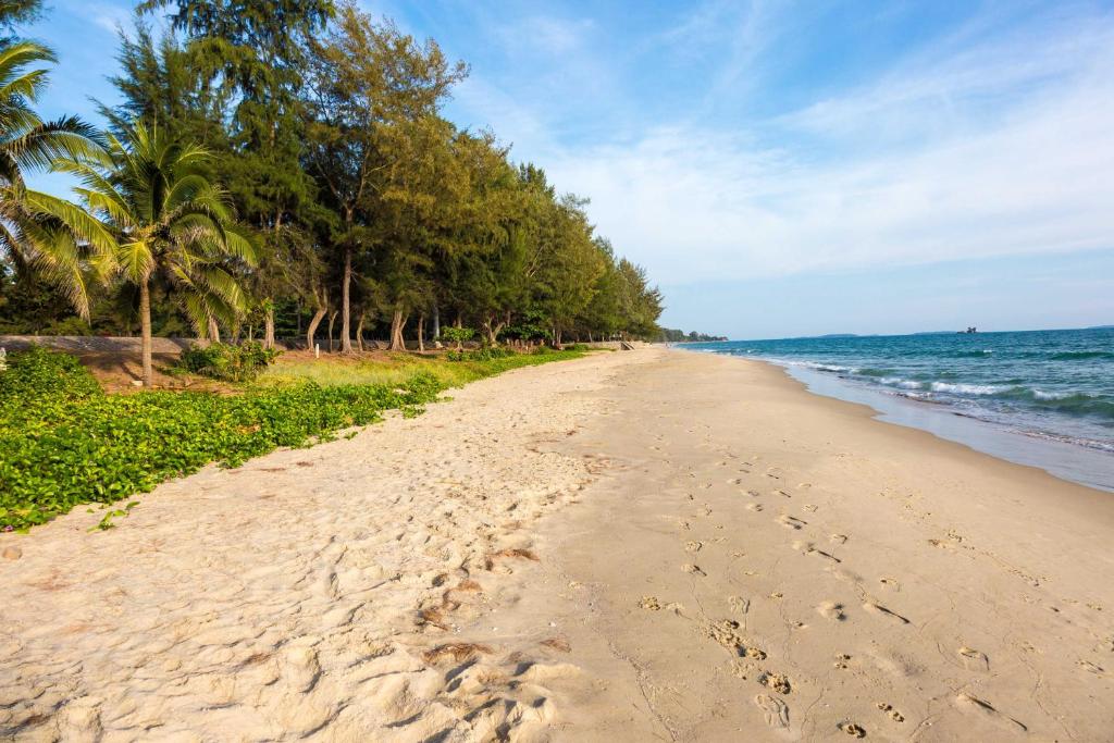 a sandy beach with palm trees and the ocean at Family-friendly house, a few steps from the pool and close to the ocean. in Mae Pim