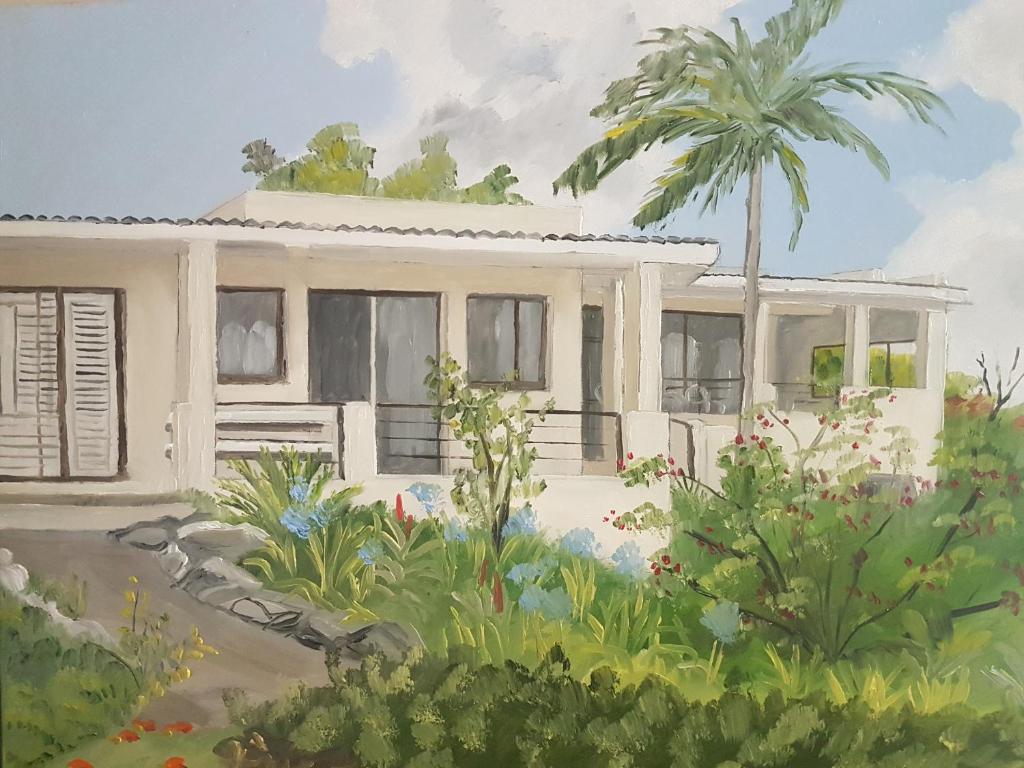 a painting of a house with a palm tree at Rocky Ridge Farm Cottage in Port Edward