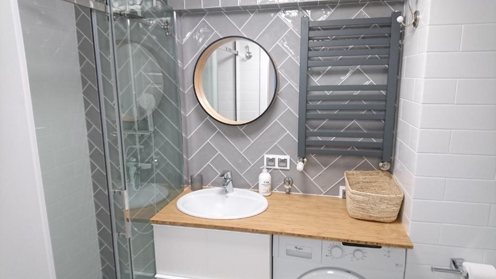 a bathroom with a sink and a mirror at Gaia Studio in Wrocław