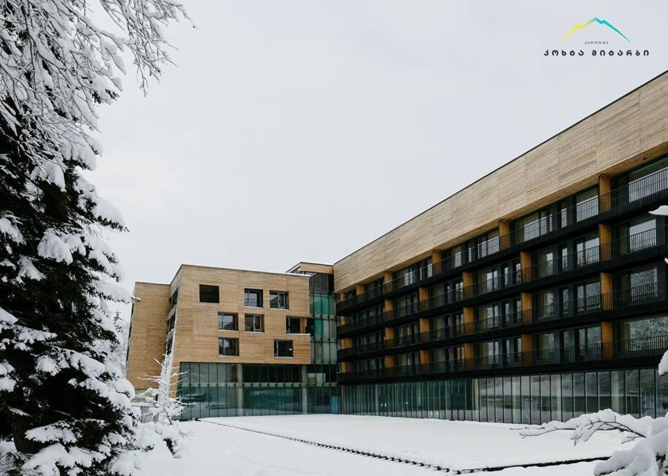 a building with snow in front of it at Bakuriani 4 seasons in Bakuriani