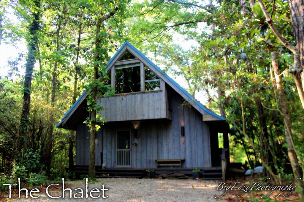 a small cabin in the middle of the woods at The River Chalet in Folsom