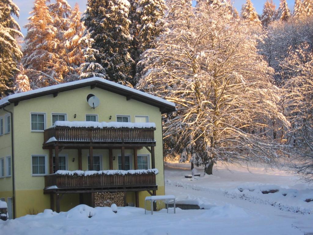 a house covered in snow in front of trees at Feriendorf Waldfrieden in Suhl