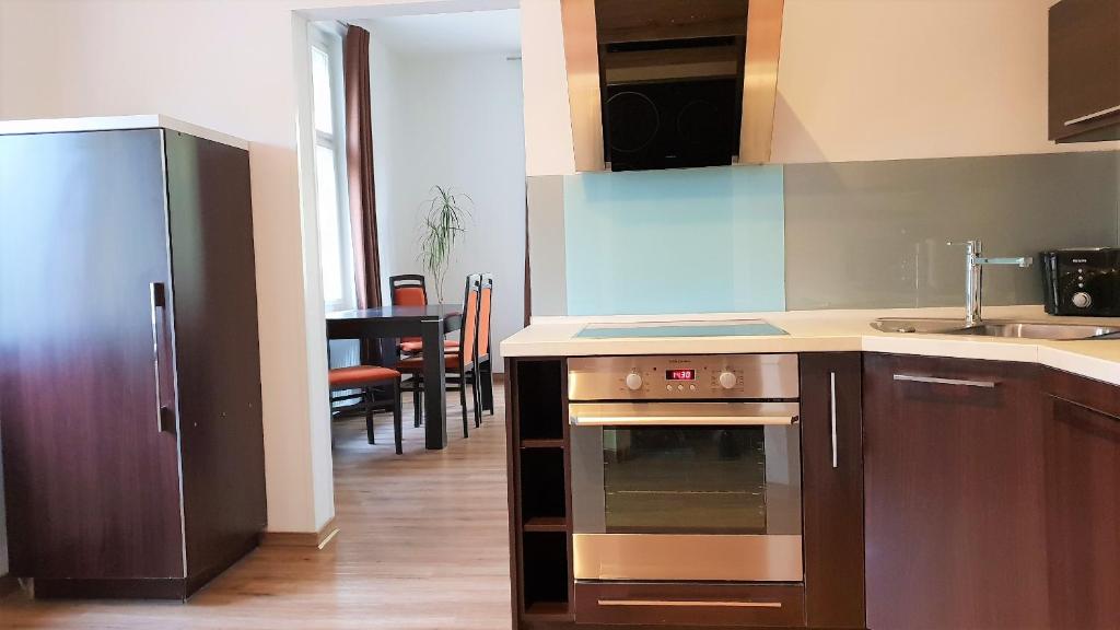 cocina con horno de acero inoxidable y mesa en Villa Serena, en Karlovy Vary