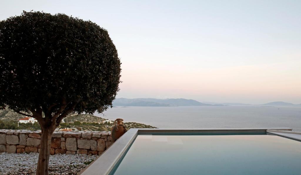 a man sitting next to a tree next to a swimming pool at Seaview Salty villa in Schinias