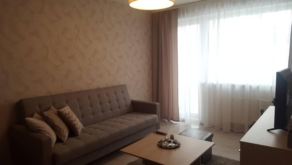 a living room with a couch and a window at Lieporių Apartamentai in Šiauliai