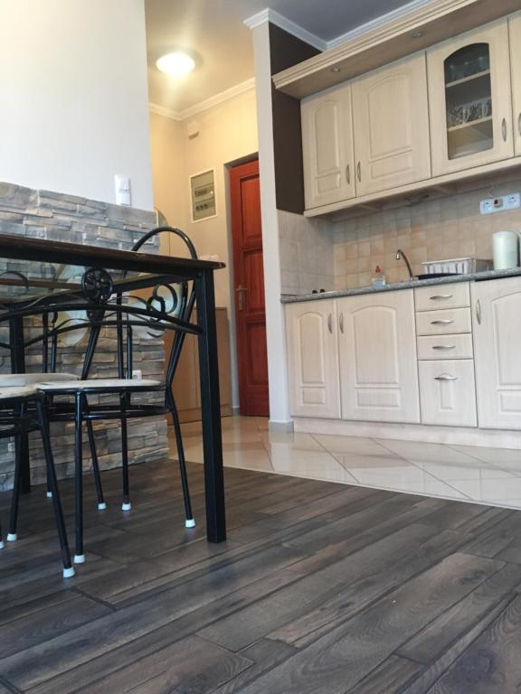 Kuchyňa alebo kuchynka v ubytovaní medencés önálló 4 fős 2 légterű, felszerelt földszinti apartman, terasszal, wi-fivel, 30 méterre a strandtól