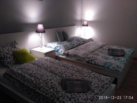 a bedroom with two beds and a table with a lamp at Apartman 404 in Jáchymov