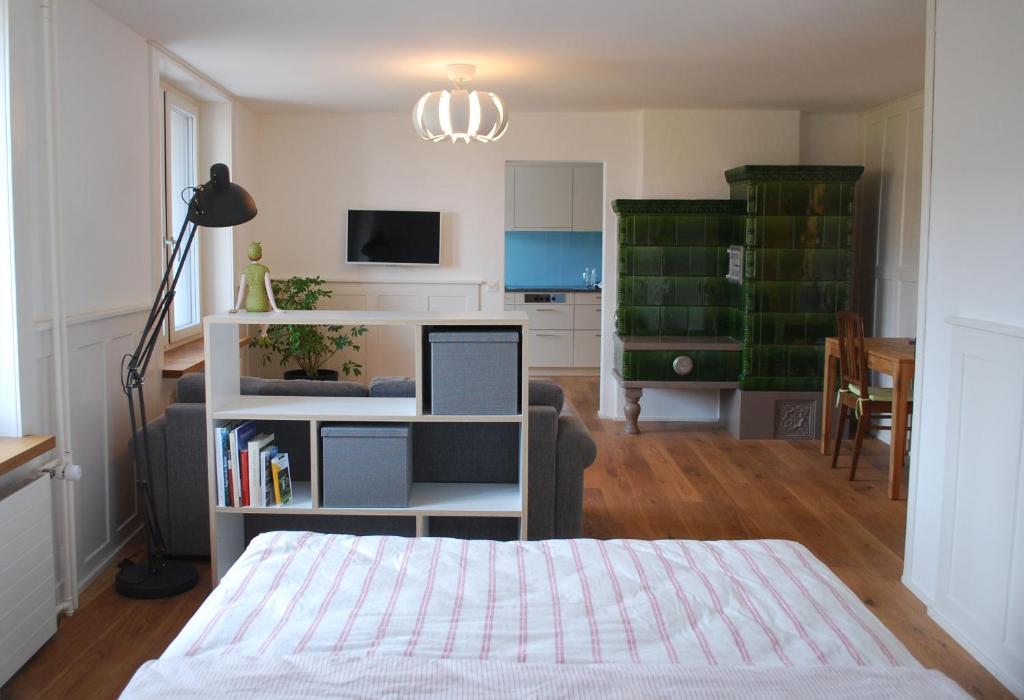 1 dormitorio con 1 cama y sala de estar en Niederfeld83, en Winterthur