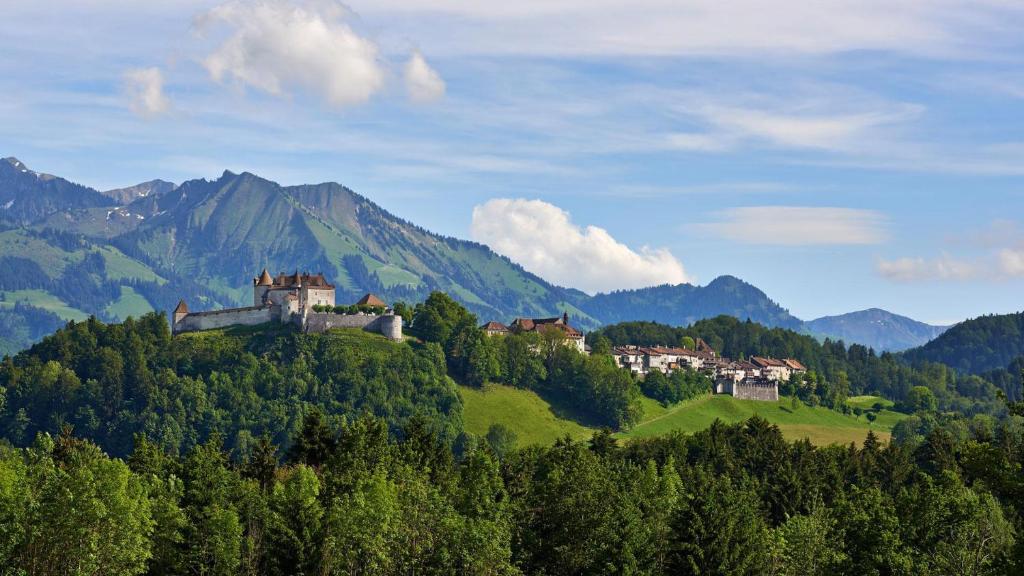 un castillo en la cima de una colina en las montañas en Hôtel de Ville, en Broc