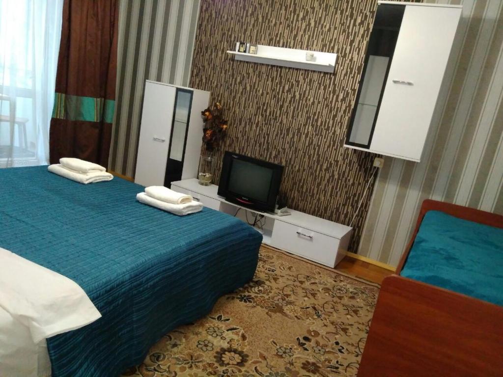 リヴィウにあるApartments Shuvar,Chervona Kalinaのベッドとテレビが備わるホテルルームです。